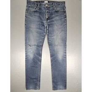 Hudson Sartor Jeans Mens 36x33 Blue Button Fly Slouchy Skinny Straight Distress